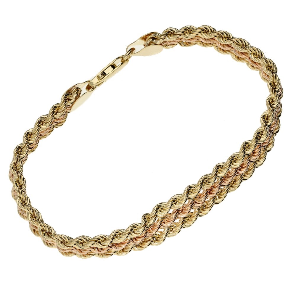 Ladies 9ct Rose & Yellow Gold Three Row Rope Bracelet - 7"