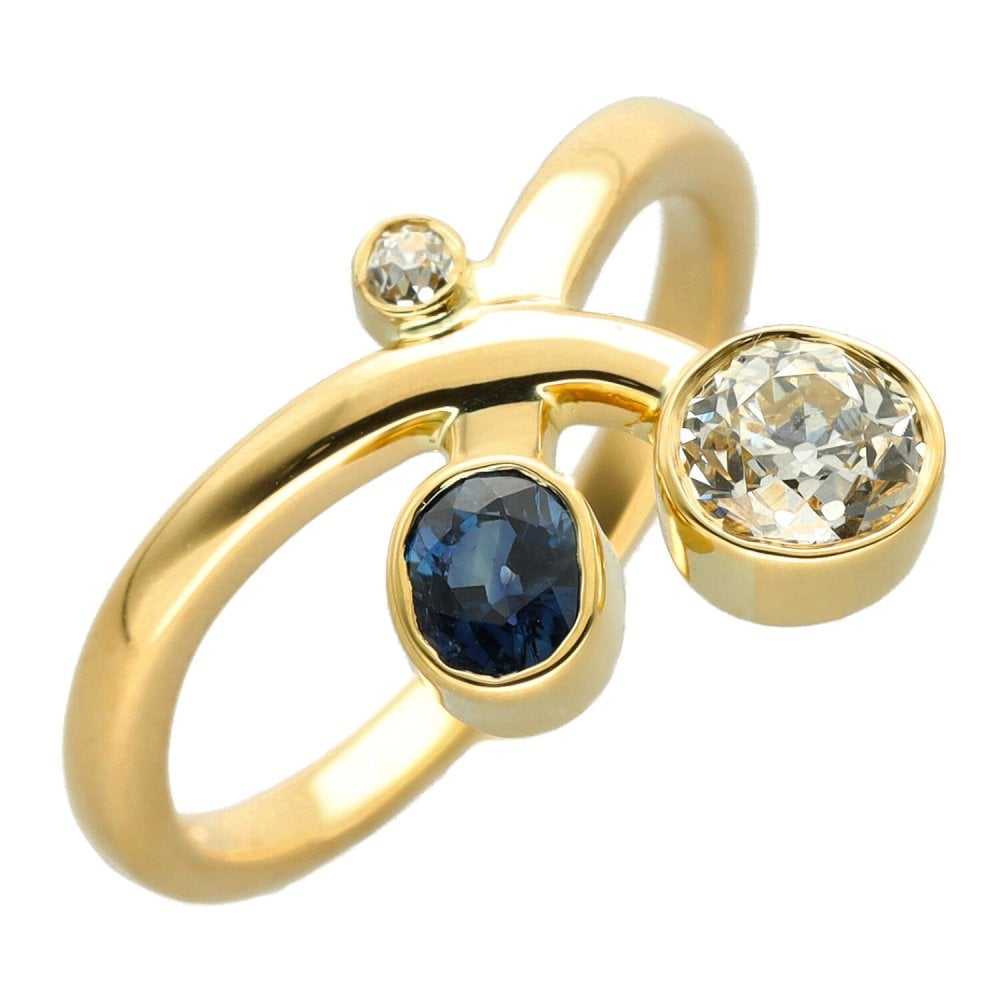 Ladies 18ct Yellow Gold Diamond & Sapphire Twist Ring - 0.56ct
