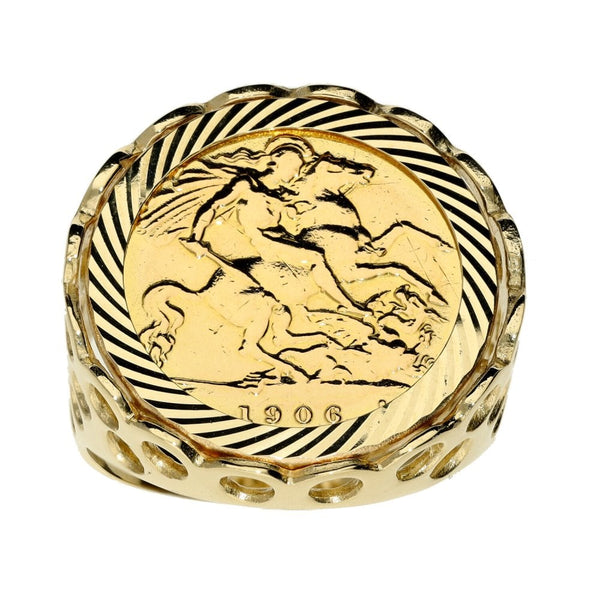 1906 Yellow Gold Half Sovereign Coin Mounted Ring - Size S