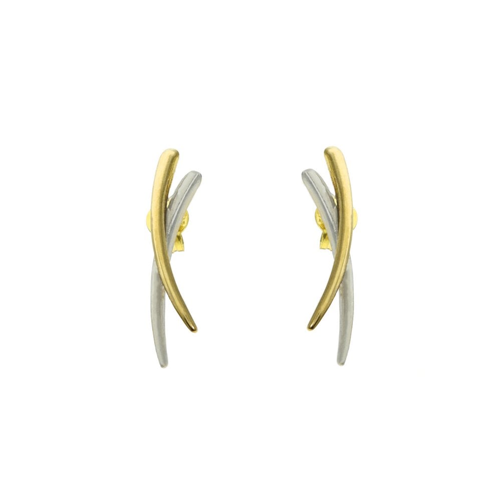 Ladies 9ct Yellow & White Gold Curve Cross Over Stud Earrings