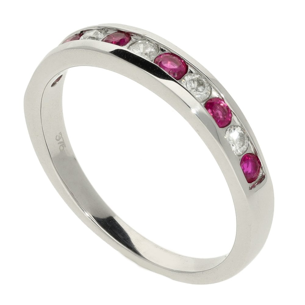 Ladies 9ct White Gold Diamond & Ruby Half Eternity Ring