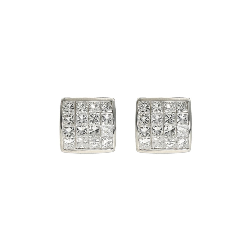 Ladies 18ct White Gold Diamond Cluster Stud Earring - 1.50ct