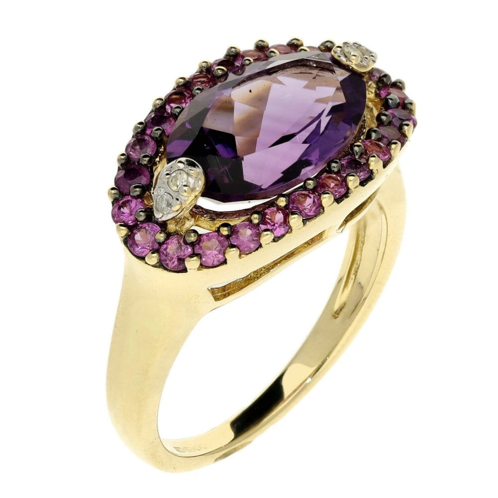 Ladies 9ct Yellow Gold Amethyst & Diamond Ring