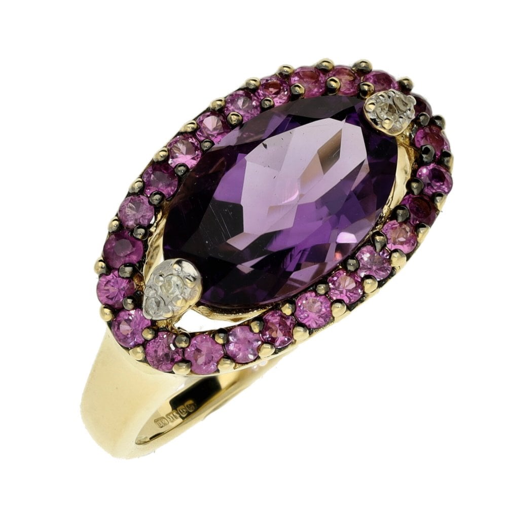 Ladies 9ct Yellow Gold Amethyst & Diamond Ring