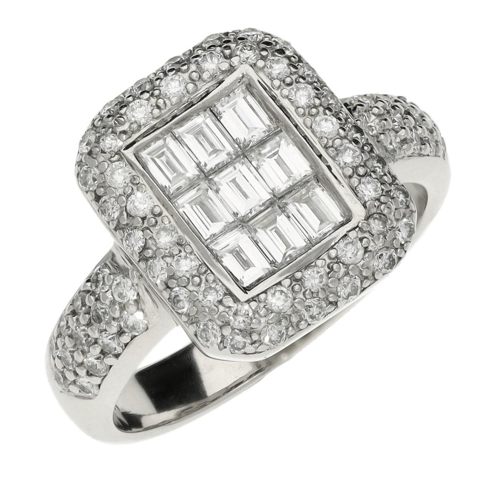 18ct White Gold Rectangular Diamond Cluster Ring - 1.15ct