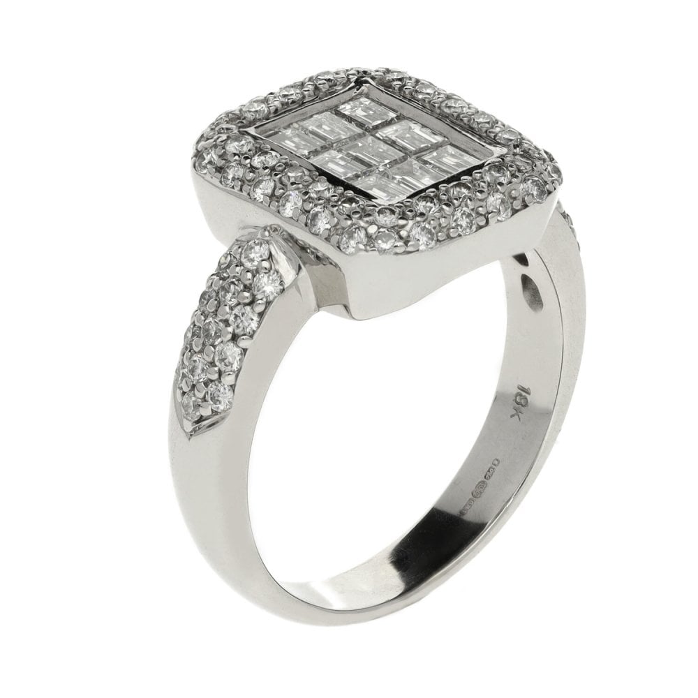 18ct White Gold Rectangular Diamond Cluster Ring - 1.15ct