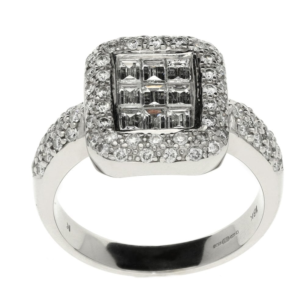 18ct White Gold Rectangular Diamond Cluster Ring - 1.15ct