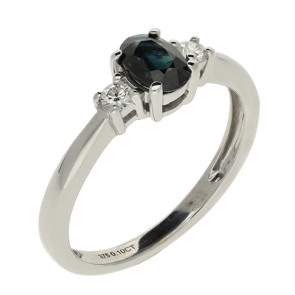 9ct White Gold Sapphire & Diamond Trilogy Ring - Size L
