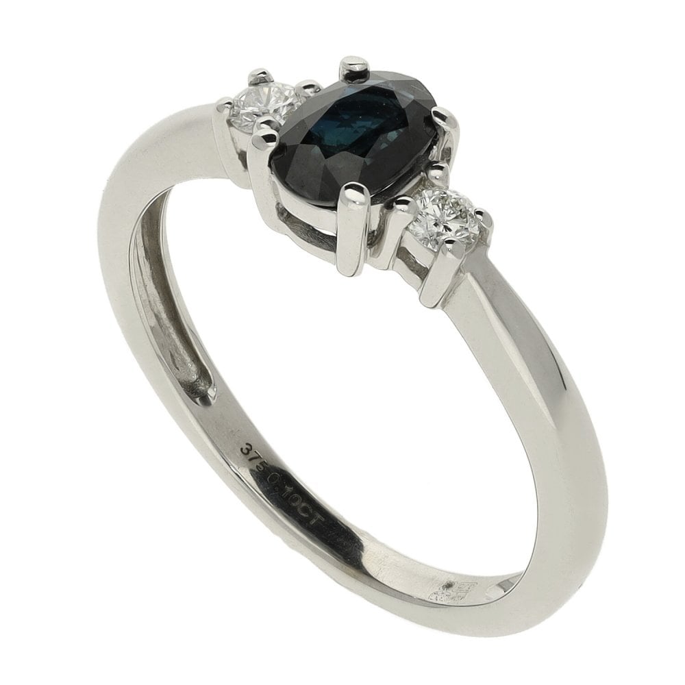 9ct White Gold Sapphire & Diamond Trilogy Ring - Size L