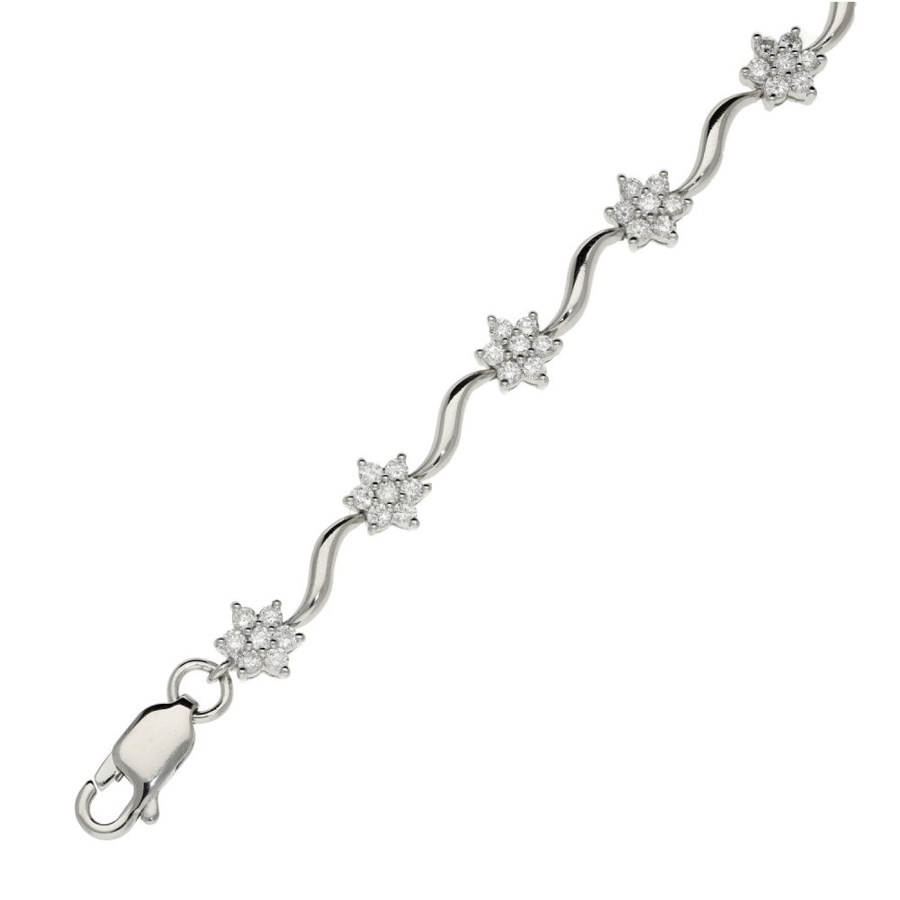 Ladies 18ct White Gold Diamond Flower Cluster Bracelet - 1.15ct