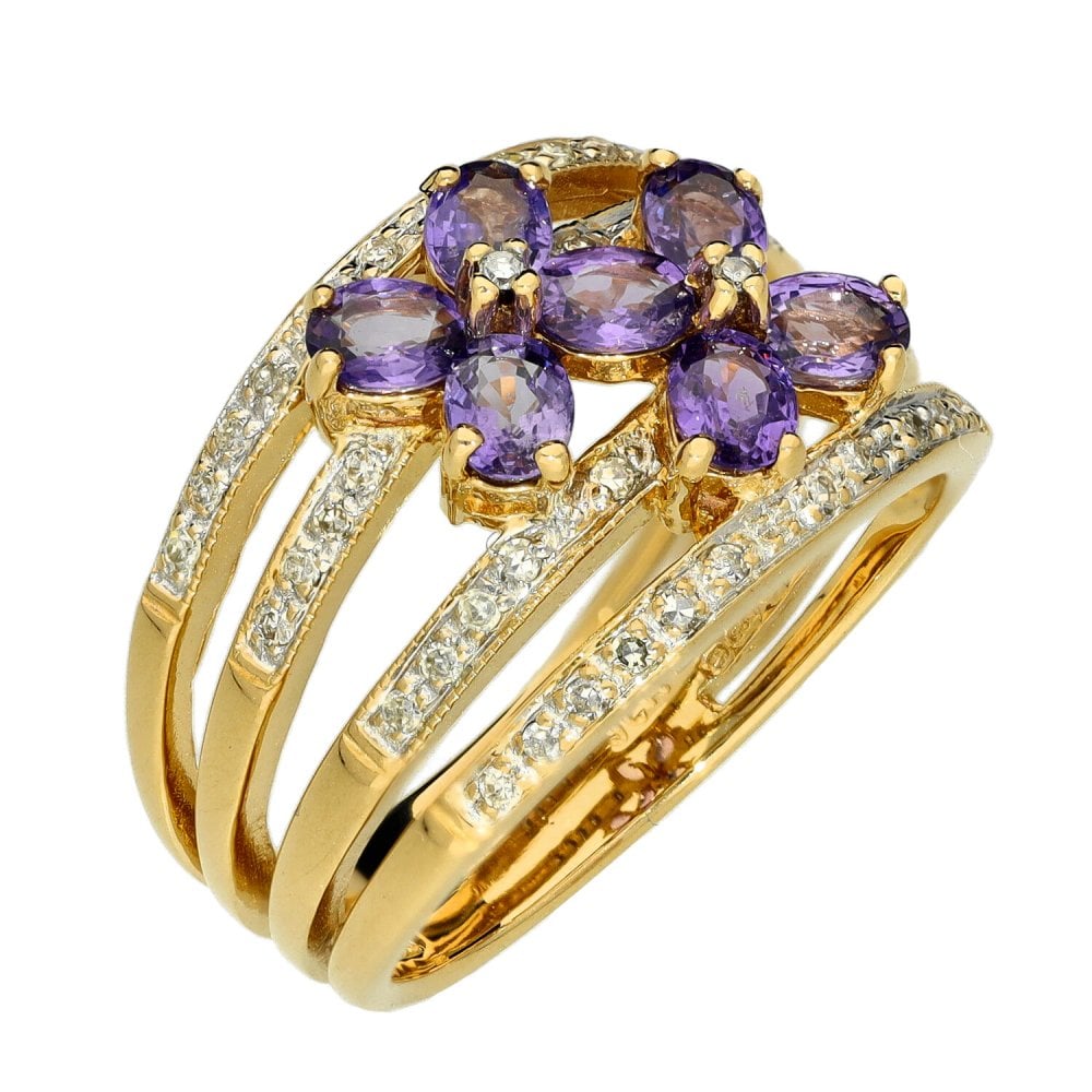 Ladies 14ct Yellow Gold Purple Sapphire & Diamond Row Ring