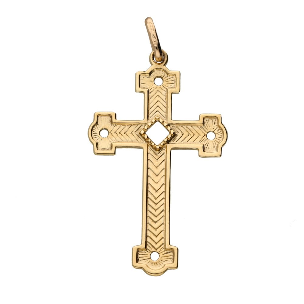 9ct Yellow Gold Large Geometric Patterned Cross - 2.9g