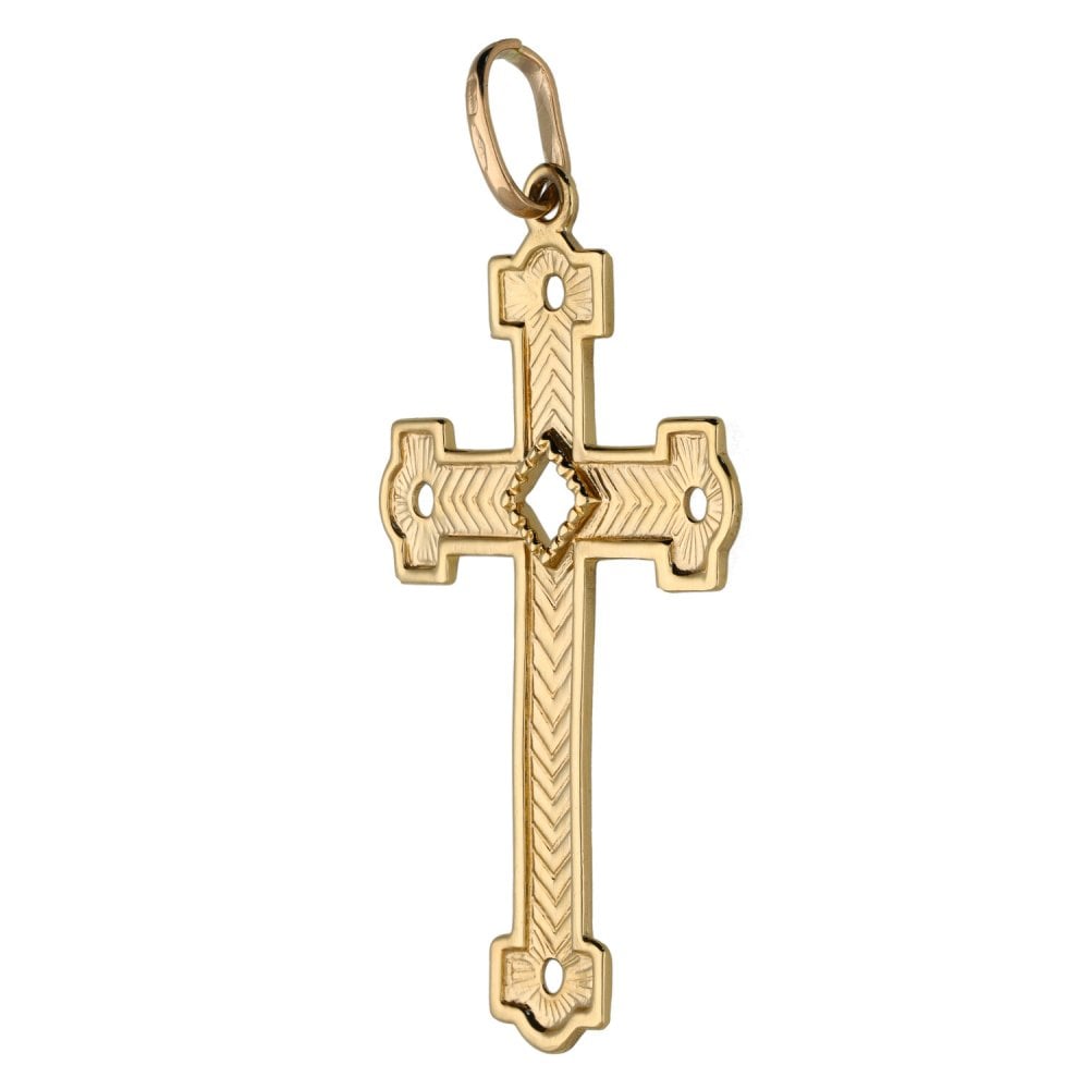 9ct Yellow Gold Large Geometric Patterned Cross - 2.9g