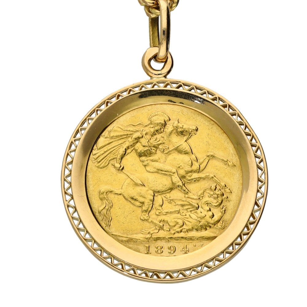 1894 Yellow Gold Full Sovereign Coin Pendant & Chain - 24"