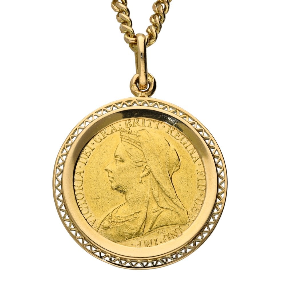 1894 Yellow Gold Full Sovereign Coin Pendant & Chain - 24"