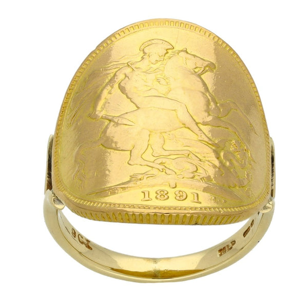 1891 Yellow Gold Full Sovereign Coin Ring - Size M
