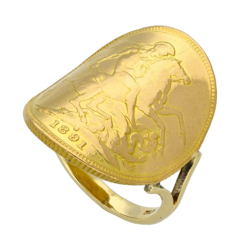 1891 Yellow Gold Full Sovereign Coin Ring - Size M