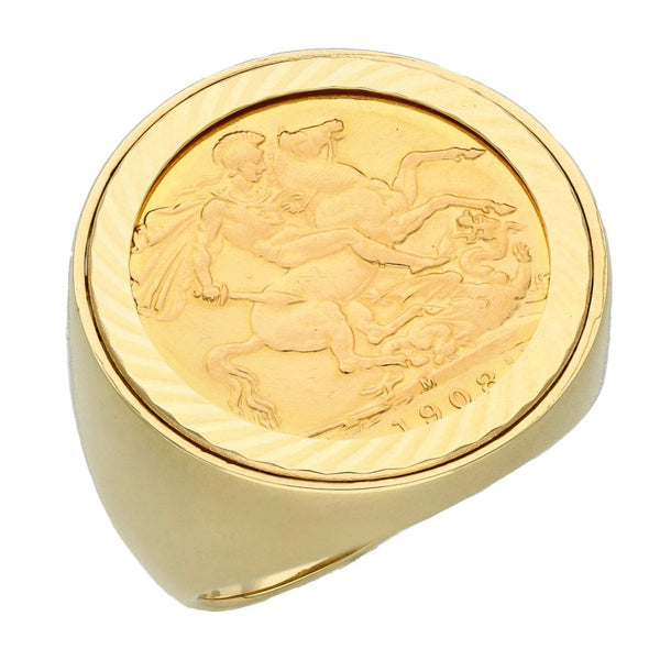 1908 Yellow Gold Full Sovereign Coin Mounted Ring - Size U