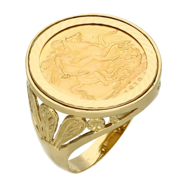 1912 Yellow Gold Full Sovereign Coin Mounted Ring - Size V