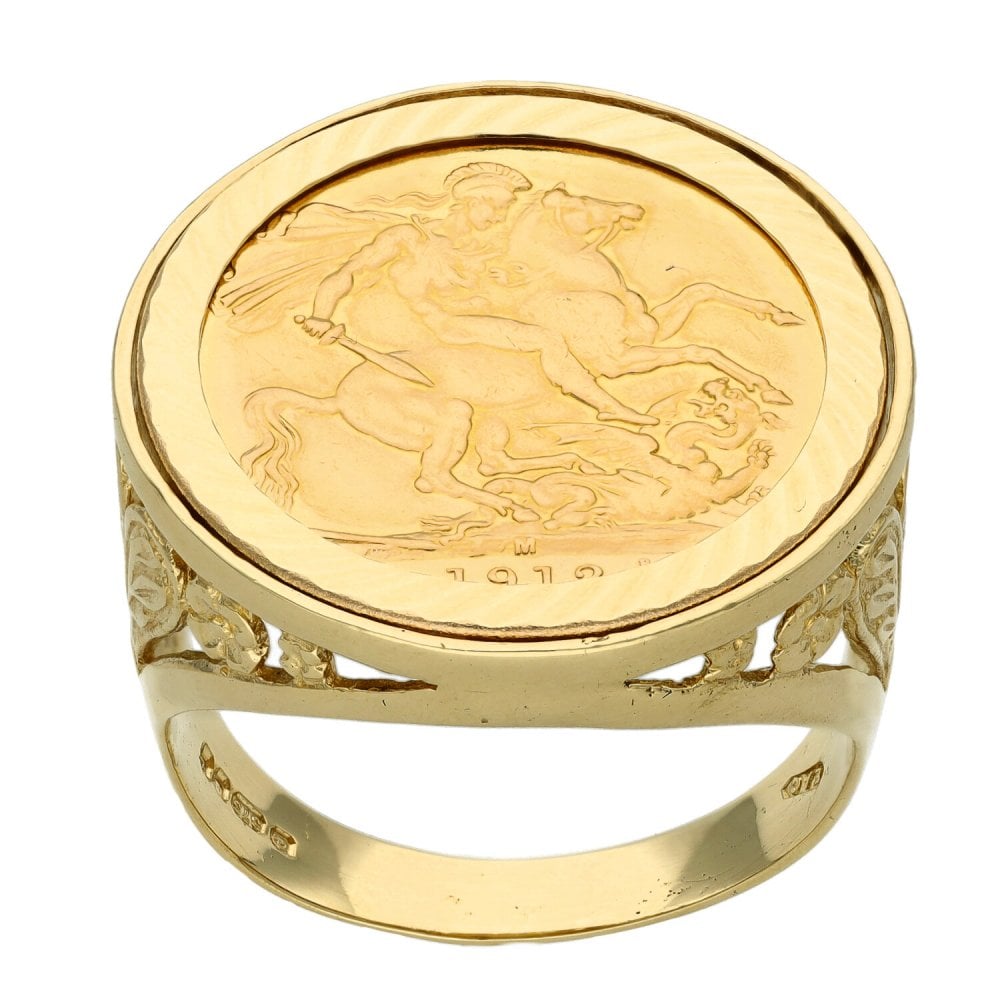 1912 Yellow Gold Full Sovereign Coin Mounted Ring - Size V