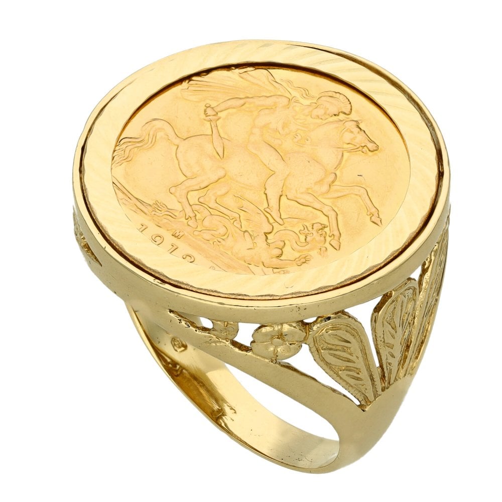1912 Yellow Gold Full Sovereign Coin Mounted Ring - Size V