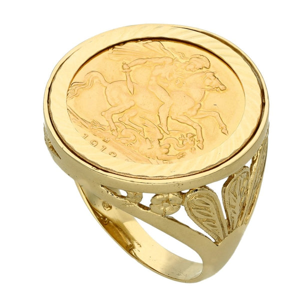1912 Yellow Gold Full Sovereign Coin Mounted Ring - Size V