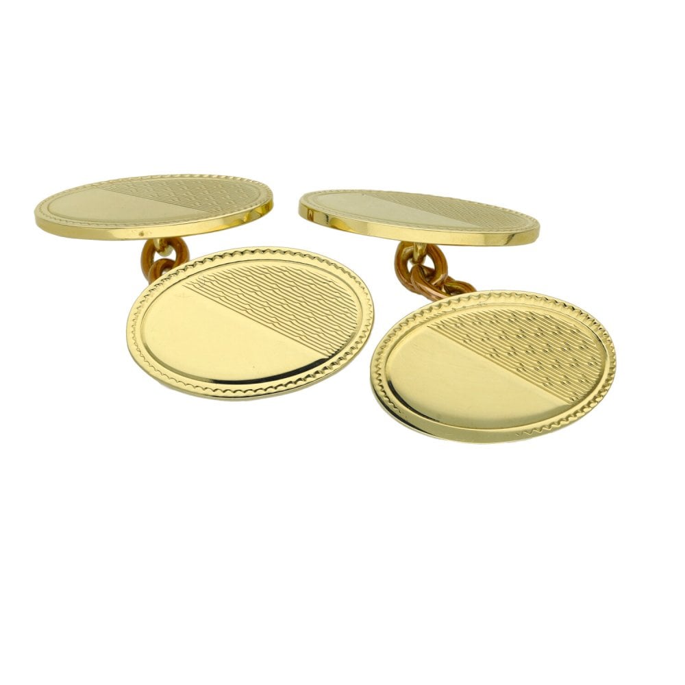 Mens 9ct Yellow Gold Oval Shape Engraved Chain Cufflinks