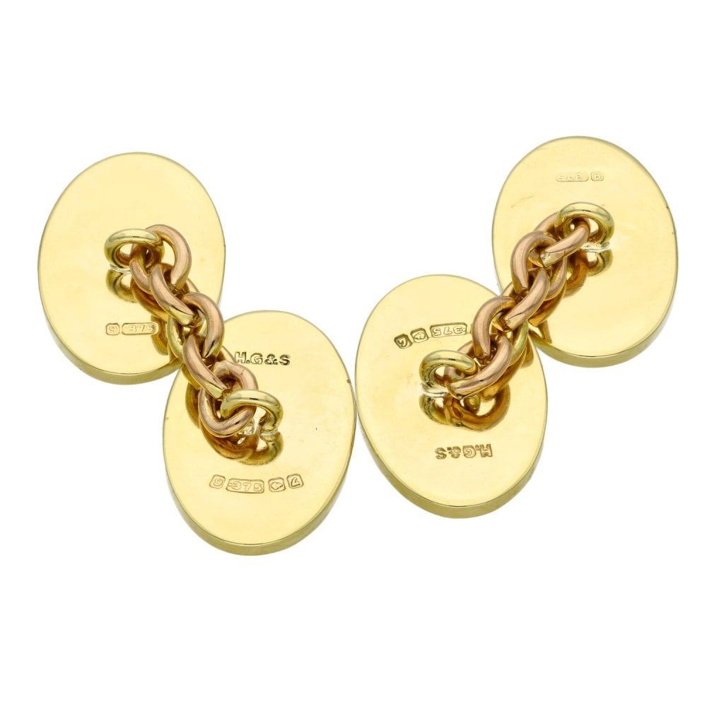 Mens 9ct Yellow Gold Oval Shape Engraved Chain Cufflinks