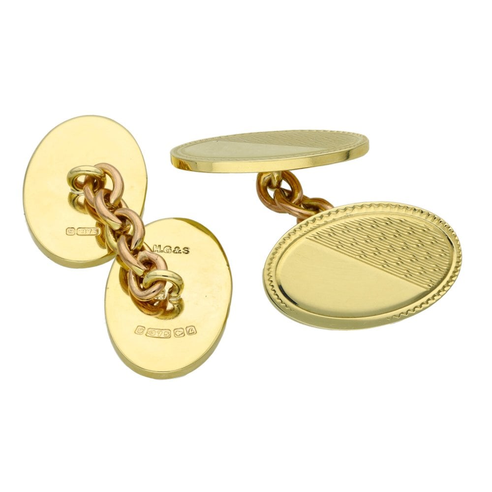 Mens 9ct Yellow Gold Oval Shape Engraved Chain Cufflinks