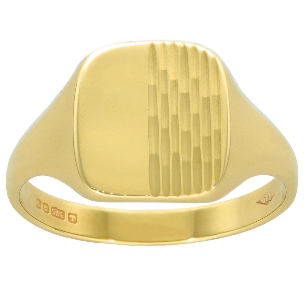 9ct Yellow Gold Half Engraved Signet Ring - Size V