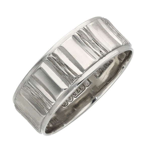 9ct White Gold Bark & Plain Effect Wedding Band - 4.7g