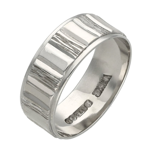 9ct White Gold Bark & Plain Effect Wedding Band - 4.7g