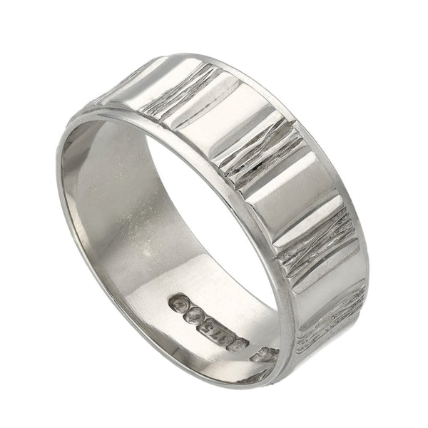 9ct White Gold Bark & Plain Effect Wedding Band - 4.7g