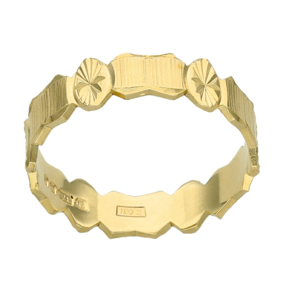 9ct Yellow Gold Oval & Bar Patterned Ring - Size U