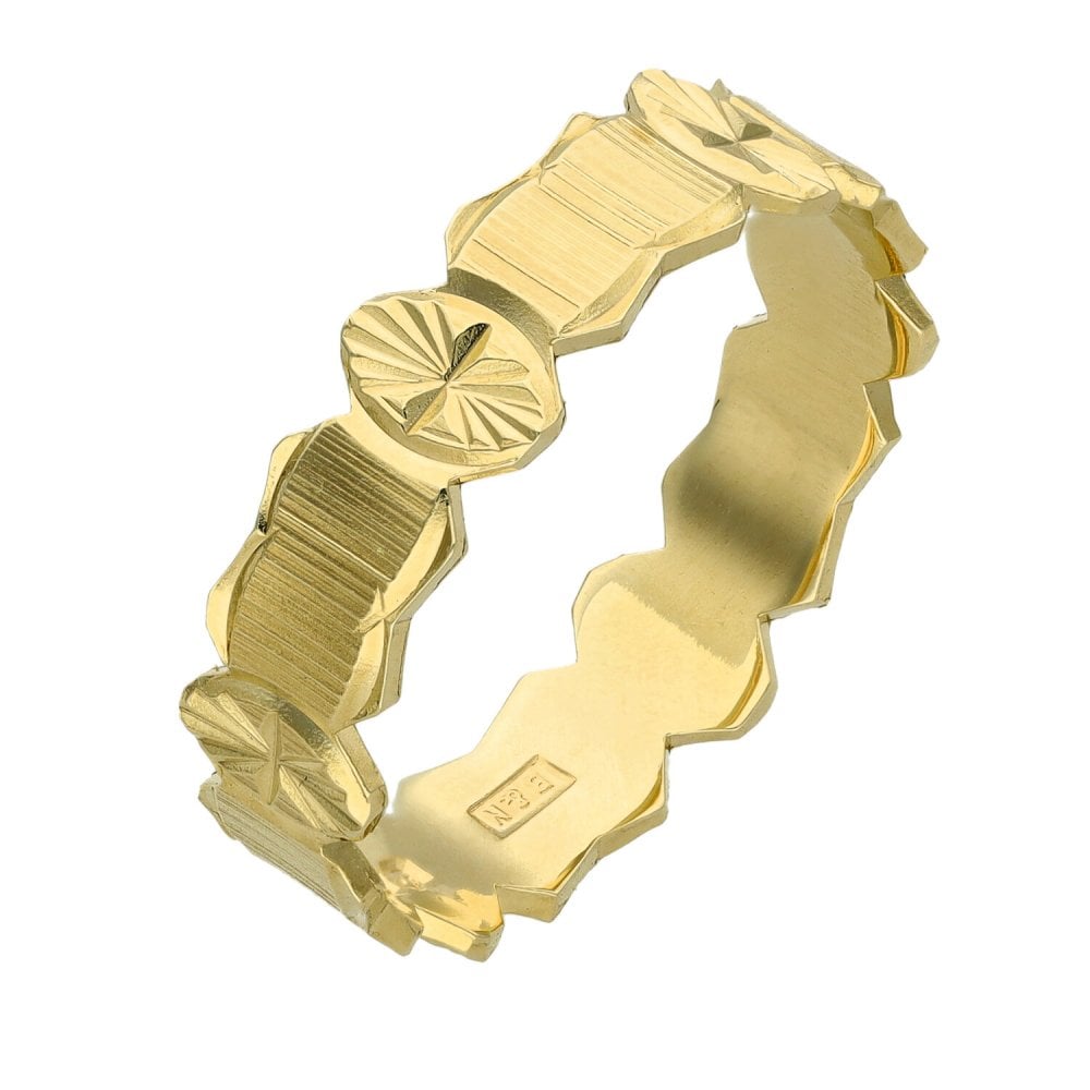 9ct Yellow Gold Oval & Bar Patterned Ring - Size U