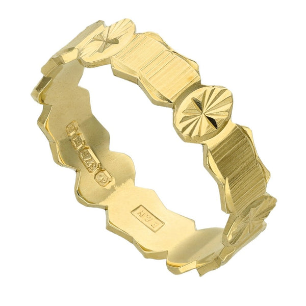 9ct Yellow Gold Oval & Bar Patterned Ring - Size U
