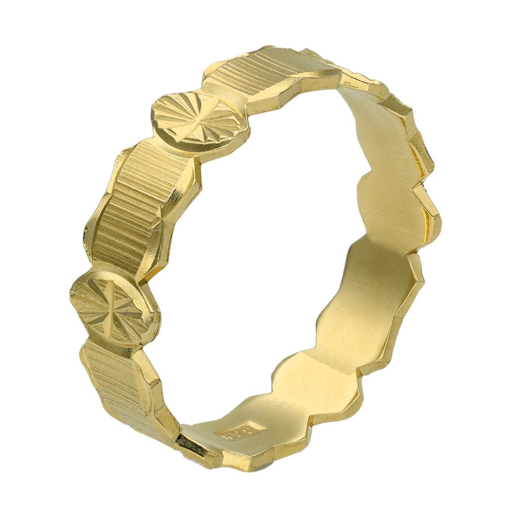 9ct Yellow Gold Oval & Bar Patterned Ring - Size U