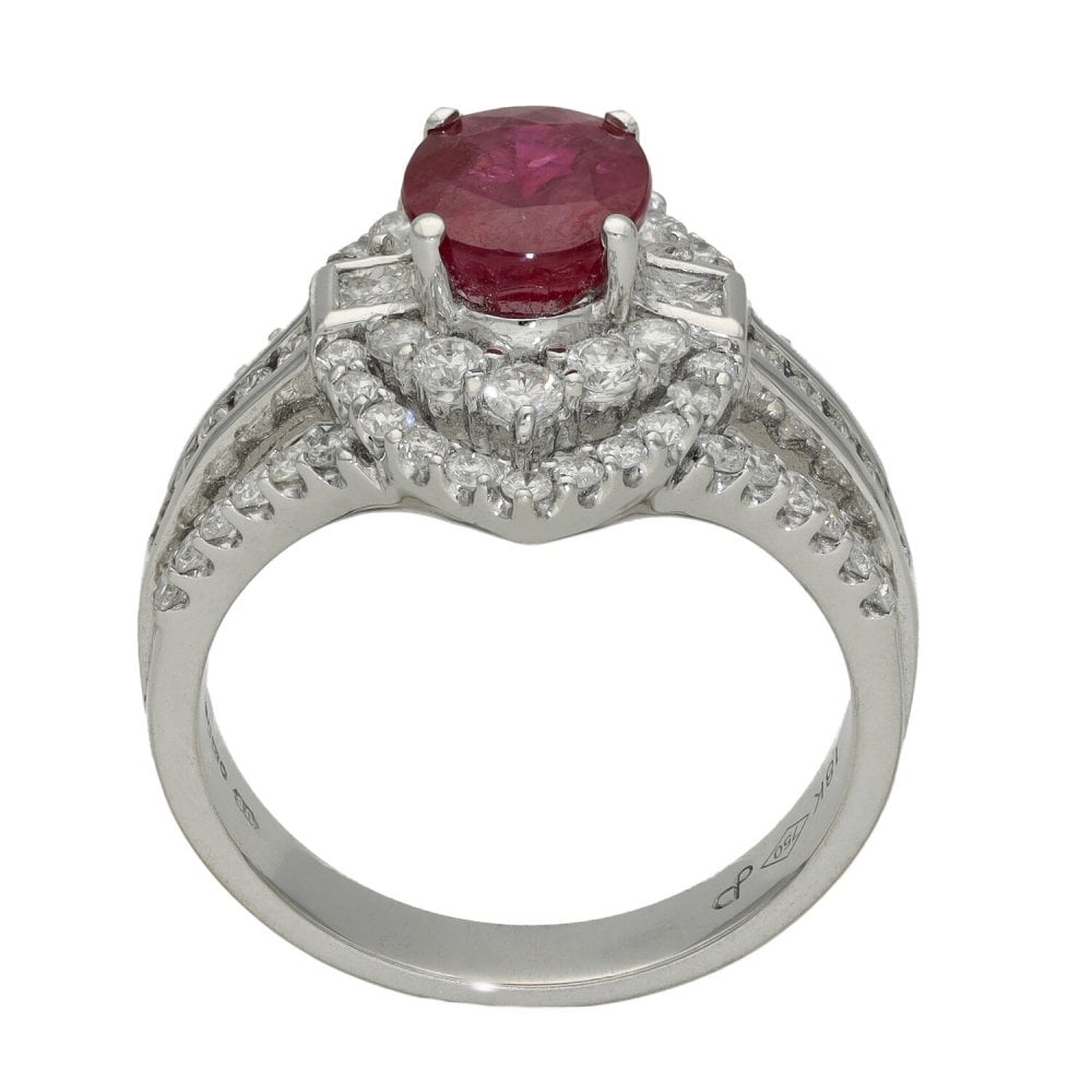 Ladies 18ct White Gold Diamond Halo & Ruby Cluster Ring