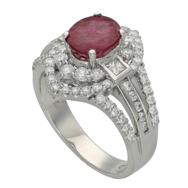 Ladies 18ct White Gold Diamond Halo & Ruby Cluster Ring
