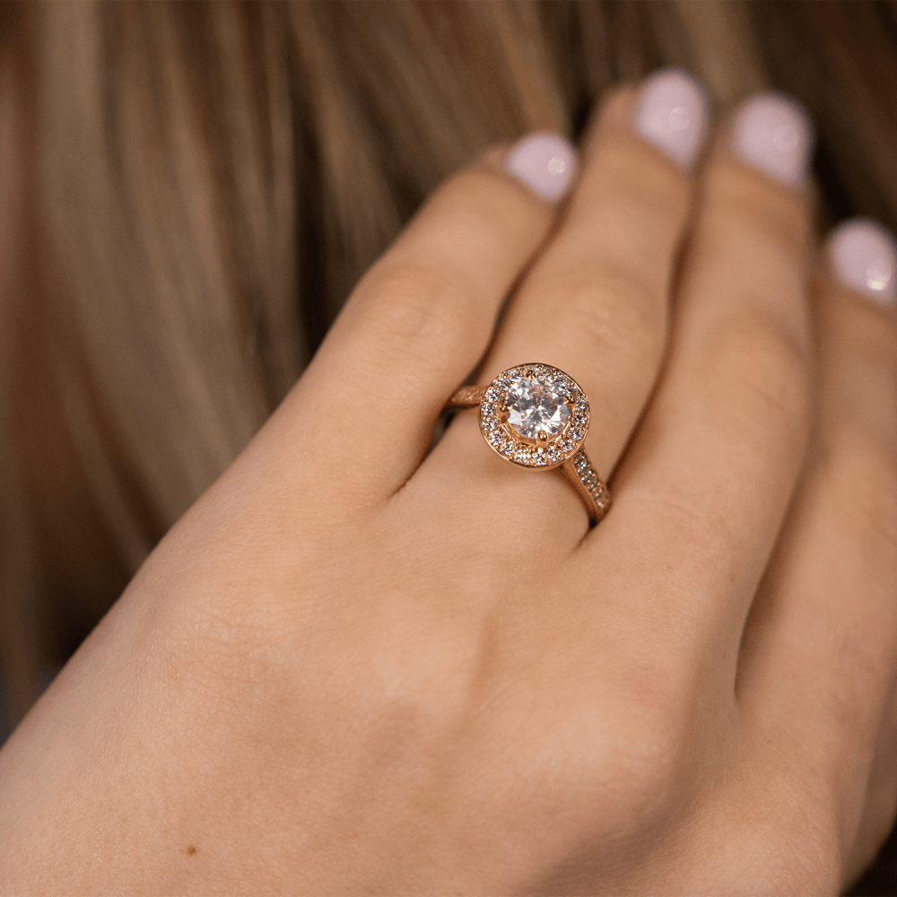 18ct Rose Gold Diamond Halo Engagement Ring - 1.35ct