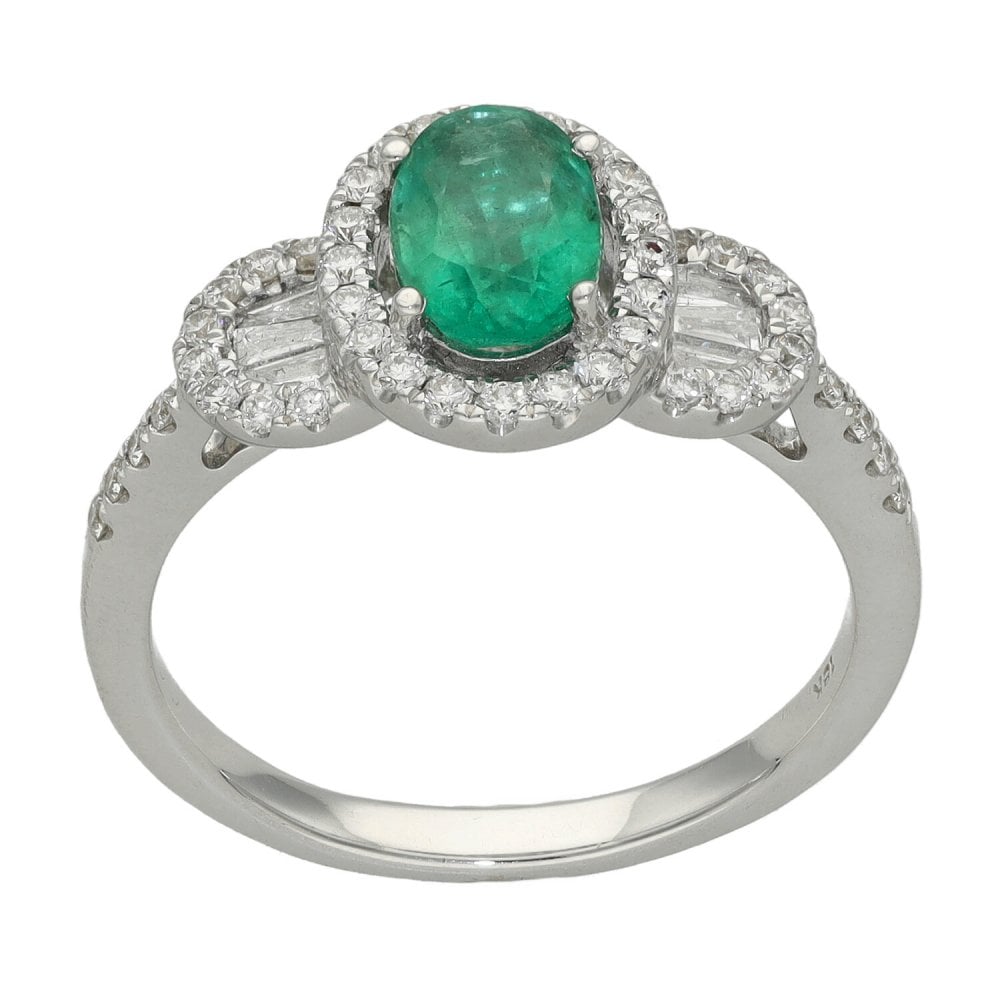 Ladies 18ct White Gold Diamond & Oval Emerald Fancy Ring