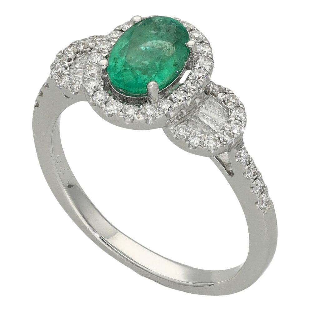 Ladies 18ct White Gold Diamond & Oval Emerald Fancy Ring