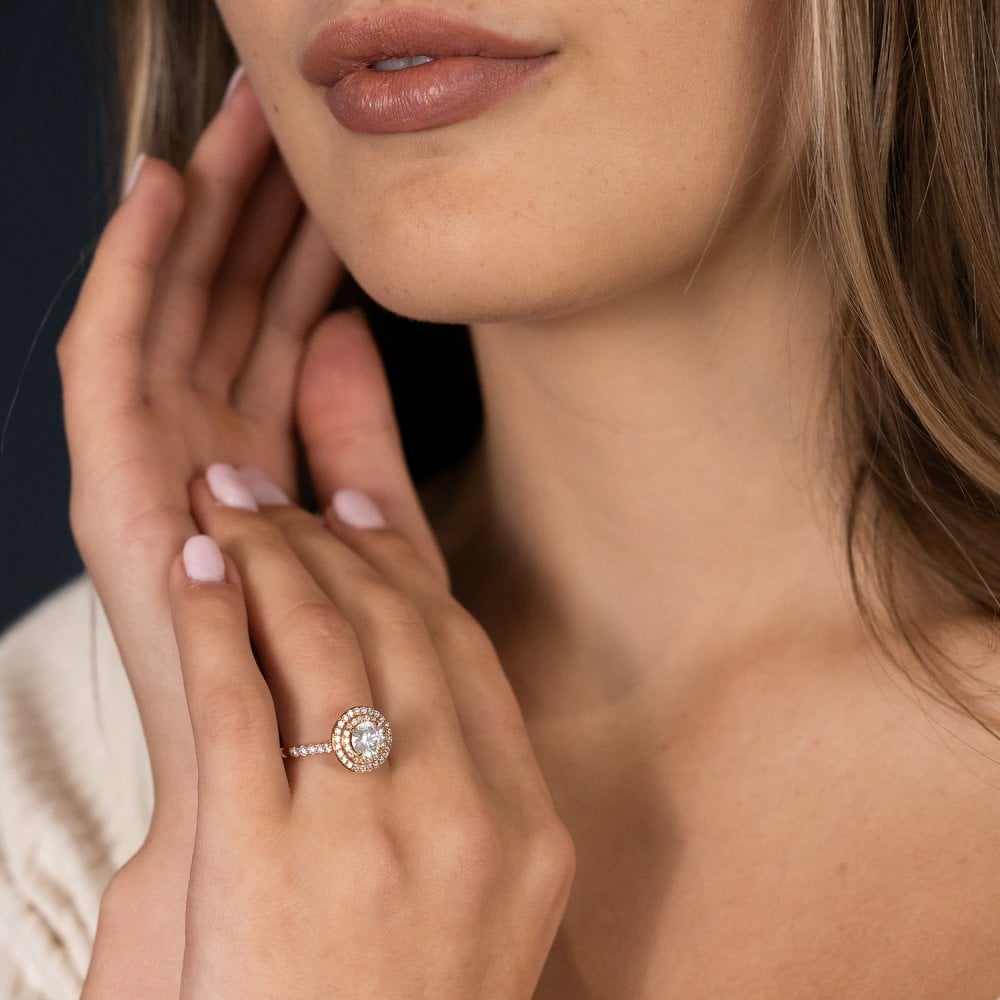 18ct Rose Gold Double Halo Diamond Ring - Size N - 1.64ct