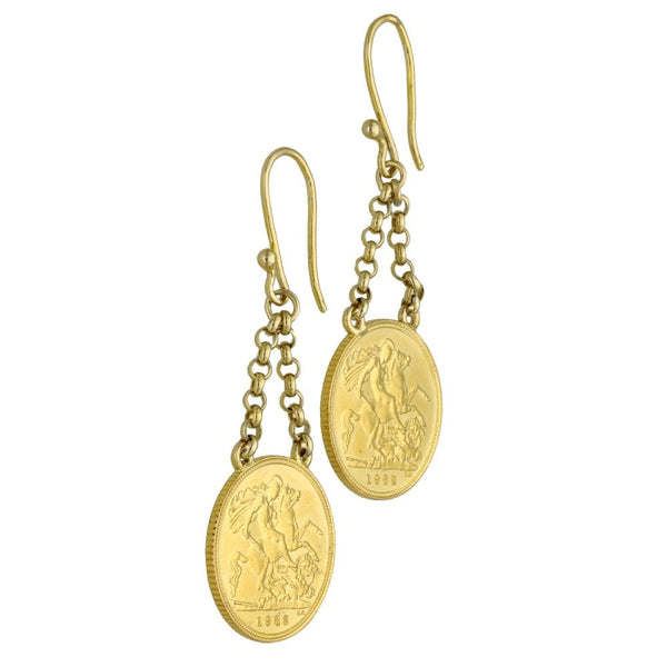 Yellow Gold 1982 Half Sovereign Coin Drop Earrings - 9.8g