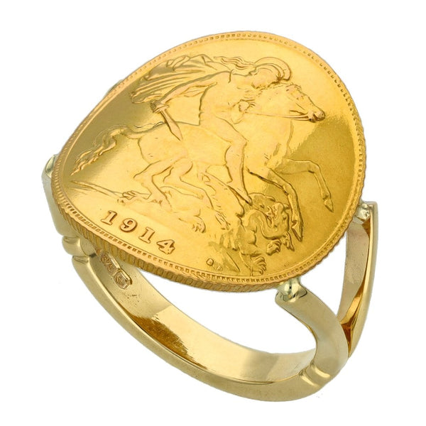 1914 Yellow Gold Bent Over Half Sovereign Coin Ring