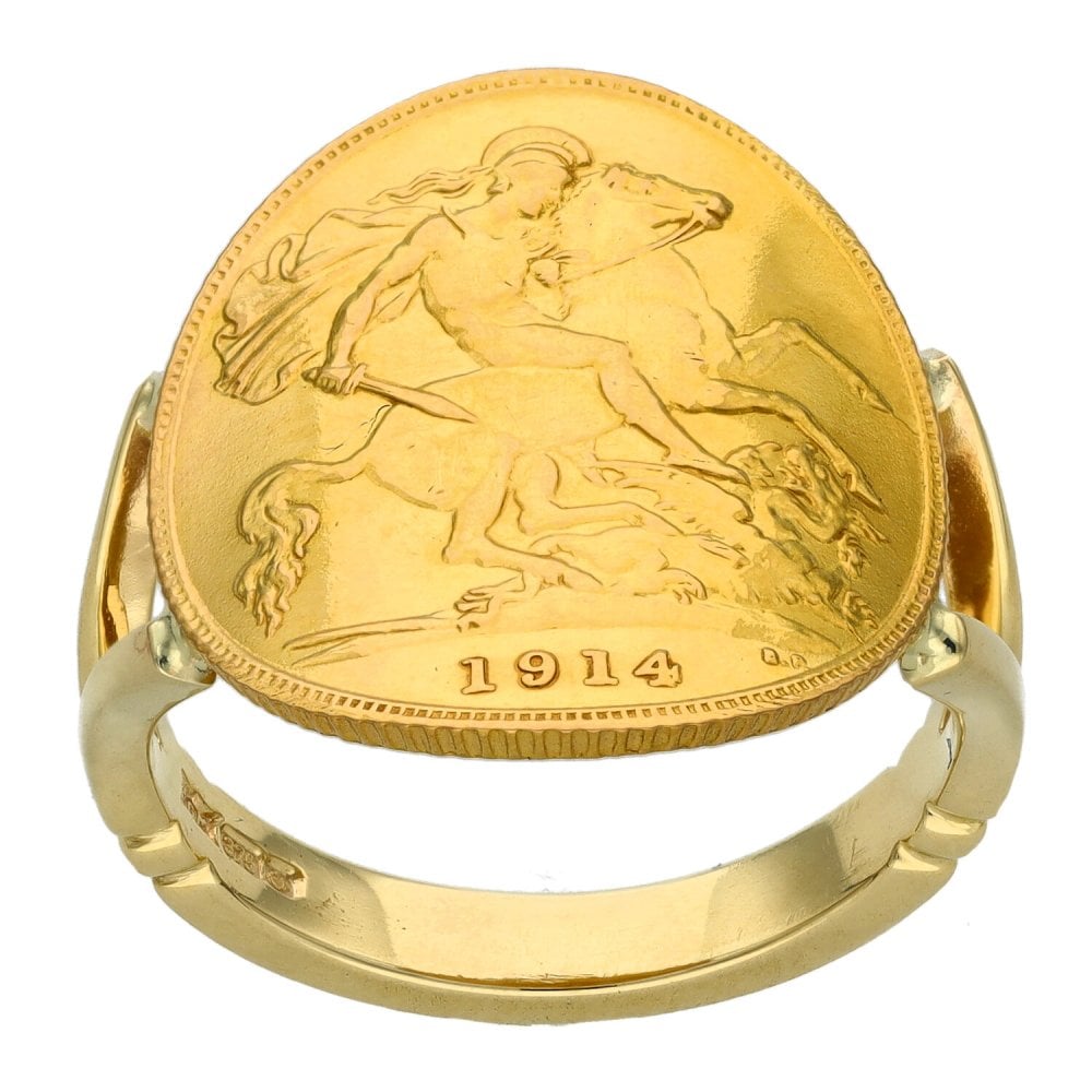 1914 Yellow Gold Bent Over Half Sovereign Coin Ring