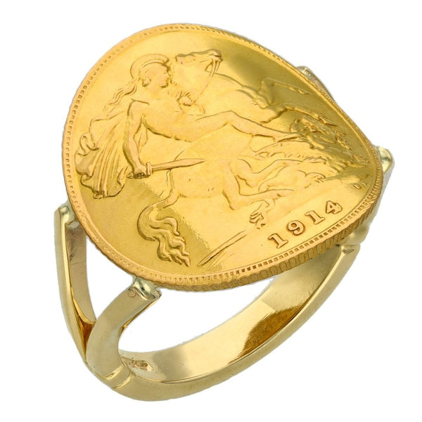 1914 Yellow Gold Bent Over Half Sovereign Coin Ring