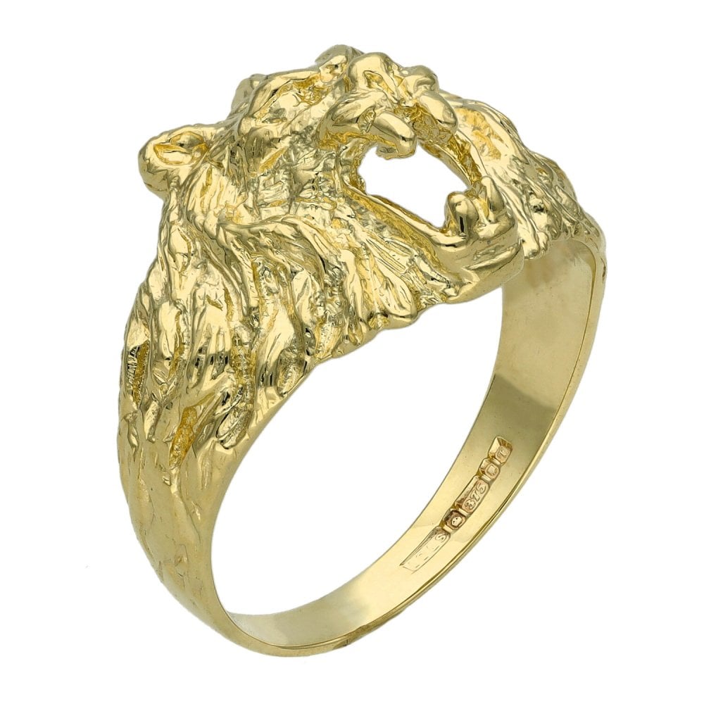 9ct Yellow Gold Lions Head Ring - Size P - 3.9g