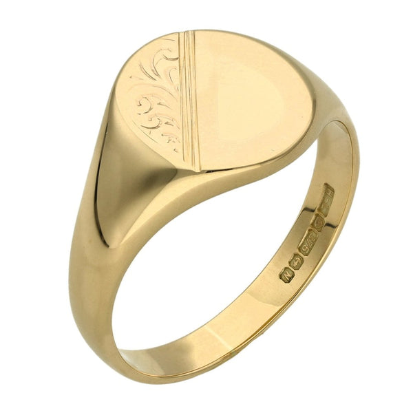 9ct Yellow Gold Half Engraved Oval Signet Ring - Size V