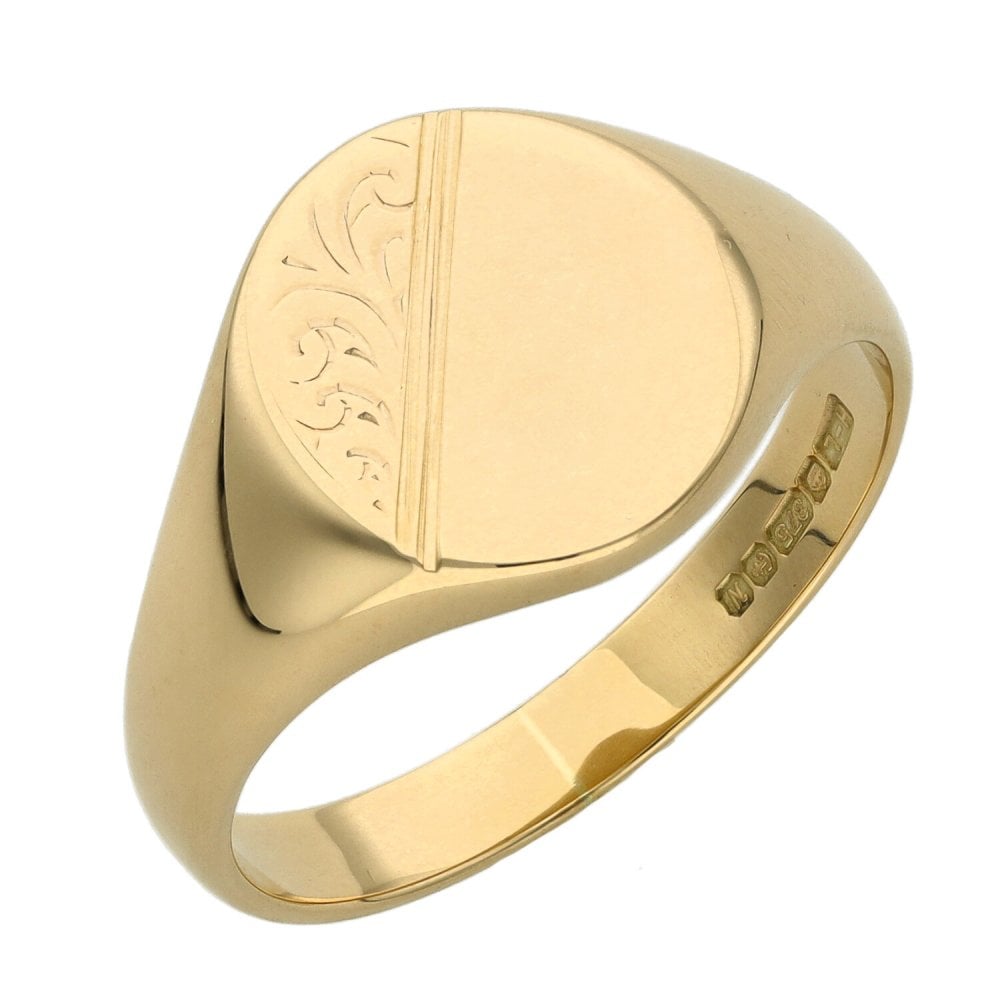 9ct Yellow Gold Half Engraved Oval Signet Ring - Size V